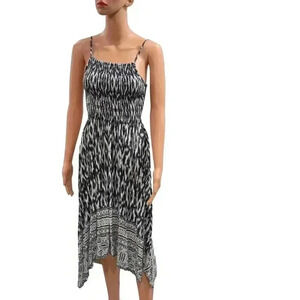 Boho Chic Blue Black and White Midi Dress with Smocked Bodice